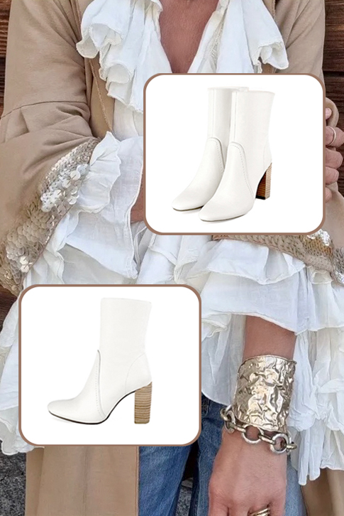 Off white women's ankle boots with a zip on the inside. Round toe. High block heels. Worn view - Florence KOOIJMAN